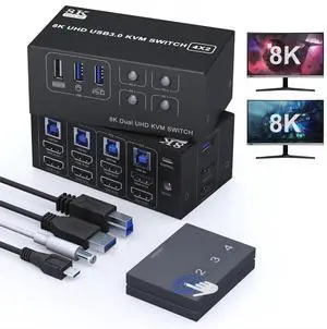 Ennovor 8K HDMI KVM Switch 2 Monitors 4 Computers Dual Monitor Support 8K@60Hz 4K@120Hz KVM Switcher PC Extended Display for 4 Port Share 4 USB Ports - 8K HDMI Monitor Switch for 4 PCs