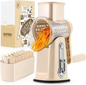 Ennovor SUSTEAS Rotary Cheese Grater with Handle - Vegetable Shredder with 5 Well-designed Blades & Strong Suction Base,Round Mandoline Slicer & Food Chopper for Kitchen,with Blade Storage Box(Beige)