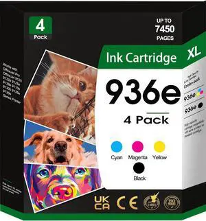 Ennovor 936XL 936e High Yields Ink Cartridges Combo Pack with Chip - Replacement for HP Ink 936 - Use for OfficeJet 9120e 9125e 9128e 9110b 9130b 9135e 9730e Printer - 4 Pack Black Cyan Magenta Yellow