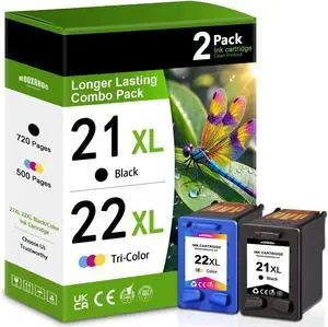 Ennovor 21XL 22XL Ink Cartridges Combo Pack Compatible HP 21 22 Ink Cartridges Replacement for OfficeJet 4315 J3680 DeskJet F2210 F4180 F380 F300 F4140 D1455 3940 PSC 1410 (2-Pack, Black/Tri-Color)