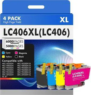 LC406 LC406XL Ink Cartridges for Brother Printer LC 406XL 406 XL for MFC-J4335DW MFC-J5855DW MFC-J6555DW MFC-J4535DW MFC-J6955DW MFC-J4345DW MFC-J5955DW - 4 Pack High Yields Black Cyan Magenta Yellow