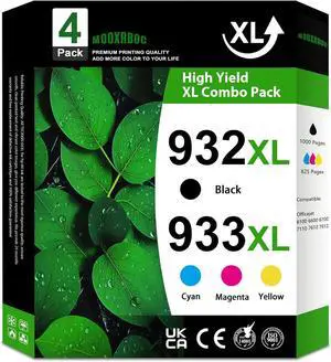 932XL 933 XL Ink Cartridges Combo Pack (4-Pack, 1Black/1Cyan/1Magenta/1Yellow) Replacement for HP 932 XL 933 XL Black and Color Ink Cartridges OfficeJet 6100 6600 6700 7110 7510 7610 7612 Printer