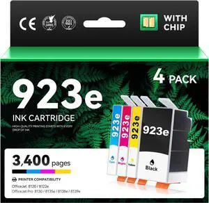923XL 923e Ink Cartridges with Chip 4-Pack High Yield Combo Pack Replacement for HP 923 XL 923e Ink Work with OfficeJet Pro 8135e 8138e 8139e 8122e 8120 8123 8130 8133, Black Cyan Magenta Yellow