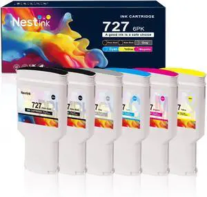727 Ink Cartridges 300-ml (6-Pack, Photo Black/Matte Black/Gray/Cyan/Magenta/Yellow) Compatible 727 Ink Cartridges Replacement for HP 727 Ink Work with DesignJet T1530 T2500 T920 T930 T1500 Printer