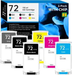 72 Ink Cartridge 130ml with Chip Replacement for HP 72 Ink Cartridges C9403A C9370A C9371A C9372A C9373A C9374A for DesignJet T770 T790 T795 T610 T620 T1100 T1120 T1200 T1300 Printers, 6 Pack 72 Ink