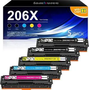 206X 206A High Yield Toner Cartridges 5-Pack (with Chip) Replacement for HP Color Laserjet Pro MFP M283cdw M283fdw M255dw Printer | W2110X W2111X W2112X W2113X (2Black, 1Cyan, 1Yellow, 1Magenta)