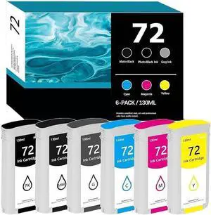 72 Ink Cartridge 130-ml Replacement for HP 72 Ink Cartridges C9403A C9370A C9371A C9372A C9373A C9374A for DesignJet T770 T790 T795 T610 T620 T1100 T1120 T1200 T1300 T2300 Printers, 6 Pack 72 Ink