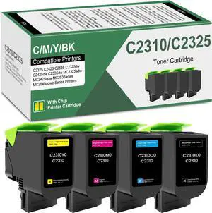 C2310 C2325 Toner Cartridge (with Standard Chip) Replacement for Lexmark C2310 C2325 C2310K0 C2310C0 C2310M0 C2310Y0 for C2310 C2325 C2425 C2535 MC2425 Printers, 4 Pack Remanufactured C2310 Cartridges