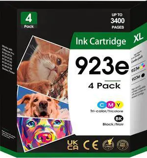 923XL 923e Ink Cartridges Combo Pack with Chip High Yields - Replacement for HP Ink 923 - Use for OfficeJet Pro 8120 8123 8130 8133 8135e 8138e 8139e 8122e Printer - 4 Pack Black Cyan Magenta Yellow
