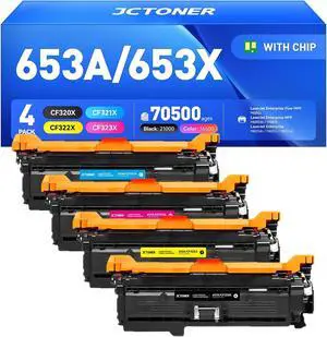 653X 653A Toner Cartridge Set 4-Pack High Yield Replacement for HP 653X 653A CF320X CF321A CF322A CF323A Compatible for HP Color Laserjet Enterprise Flow MFP M680z M680dn M680f Printer Ink Black Cyan