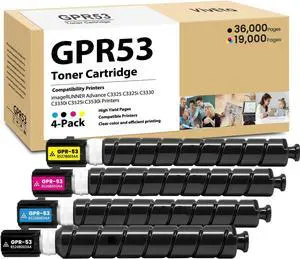 GPR-53 Toner Cartridge (with Standard Chip) Replacement for Canon GPR-53 GPR53 8524B003AA 8525B003AA 8526B003AA 8527B003AA for ImageRunner Advance C3325 C3325i C3330 C3330i C3525i Printers, 4 Pack