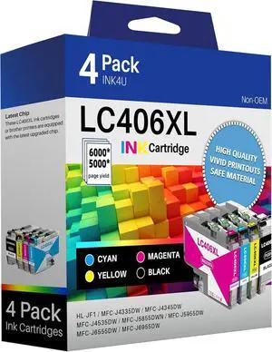 LC406XL LC406 Ink Cartridge Compatible for Brother LC406XL LC-406 High Yield Work with Brother MFC-J4535DW MFC-J4335DW MFC-J5855DW MFC-J6555DW MFC-J6955DW Printer (Black, Cyan, Magenta, Yellow) 4 Pack