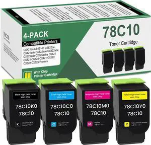 78C10 CS421 CX522 Toner Cartridge (with Standard Chip) Replacement for Lexmark 78C10K0 78C10C0 78C10M0 78C10Y0 for CS421 CX622 CS521 CX421 CX521 CS522 Printer, 4 Pack Remanufactured 78C10 Cartridges