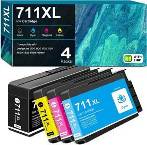 711 711XL Ink Cartridge Set Compatible with HP 711XL 80ml Black, 29ml 711XL Cyan, Magenta, Yellow Ink for DesignJet T100 T120 T125 T130 T520 T525 T530 Printer Ink (4-Pack, CZ133A CZ130A CZ135A CZ132A)