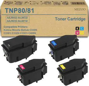 MEZOO TNP80 TNP81 Toner Cartridge High Yield AAJW132 AAJW432 AAJW332 AAJW232 Replacement for Konica Minolta BizHub C3300i C3301i C3320i C3321i C4000i C4001i Printer(4 Pack, Black Magenta Yellow Cyan)
