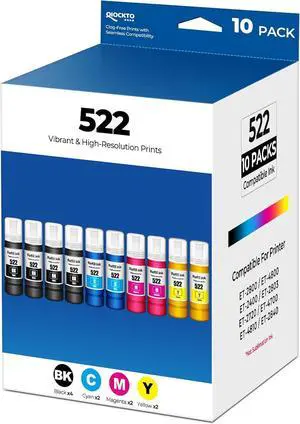 522 Ink Refill Bottles Replacement for ET-2800 ET-2400 ET-4800 ET-2803 522 Ink Refill for Eco tank ET2800 ET2400 ET4800 ET2803 ET-2720 ET-4700 ET-4810 ET-2840 2800 2400 4800 2803 2720 Printer, 10 Pack