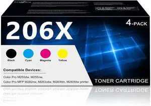206X High Yield Toner Cartridges Set 4 Pack (with Chip) Replacement for HP 206X W2110X for Color Pro M255dw M255nw Color Pro MFP M282nw M283cdw M283fdn M283fdw Printer (Black Cyan Magenta Yellow)
