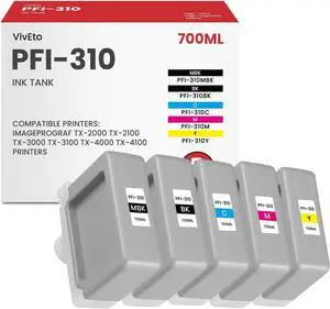 PFI-310 700ml Pigment Ink Tank Replacement for Canon PFI310 PFI-310MBK PFI-310BK PFI-310C PFI-310M PFI-310Y for imagePROGRAF TX-2000 TX-3000 TX-4000 TX-2100 TX-3100 TX-4100 Plotter Printers, 5-Pack