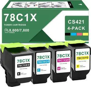 78C1X 78C1XK0 78C1XC0 78C1XM0 78C1XY0 Toner Cartridge High Yield Replacement for Lexmark 78C1X Toner Cartridges for CS421 CX421 CS421DN CX421ADN CS521 CX521 CS521DN CX521ADN CS522 Printer Ink (4 Pack)