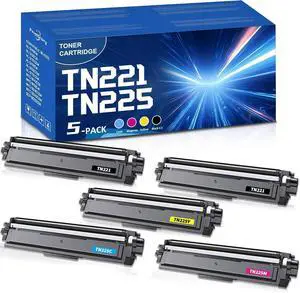 TN221 TN225 Toner Cartridge High Yield Replacement for Brother TN-221 TN-225 Compatible with MFC-9130CW HL-3170CDW HL-3140CW HL-3180CDW MFC-9330CDW Printer (5-Pack, 2Black/1Cyan/1Magenta/1Yellow)