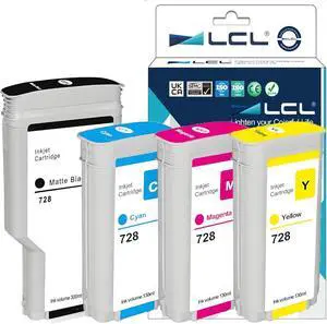 LCL 728 Ink Cartridges 4-Pack (300ml Matte Black /130ml Cyan/Magenta/Yellow) Compatible with HP 728 Ink Cartridge F9J68A F9K17A F9K16A F9K15A for DesignJet T830 MFP & T730 Large Format Plotter Printer