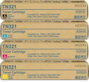 MEZOO TN-321 TN321 Toner Cartridge Black Cyan Magenta Yellow Replacement for TN321 A33K130 A33K430 A33K330 A33K230 Toner for Bizhub C224e C364e C284e C224 C284 C364 C7822 C7828 Printers(4 Pack)