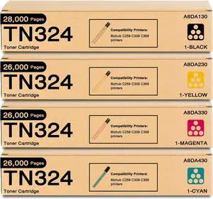 TN324 TN-324 Toner Cartridge Replacement for Konica Minolta TN324 TN324K TN324C TN324M TN324Y A8DA130 A8DA230 A8DA330 A8DA430 Toner for Bizhub C258 C308 C368 Printers, 4 Pack TN324 Toner Cartridges