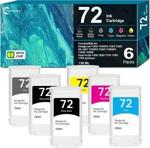 72 Ink Cartridge 6-Pack 130-ml Replacement for HP 72 Ink Cartridges C9403A C9370A C9371A C9372A C9373A C9374A Ink for DesignJet T770 T790 T795 T610 T620 T1100 T1120 T1200 T1300 T2300 Printer Ink