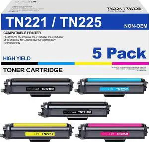 TN221 TN225 Toner Cartridge High Yield Replacement for Brother TN 221 TN 225 Compatible with MFC-9130CW HL-3170CDW HL-3140CW HL-3180CDW MFC-9330CDW (2 Black, 1 Cyan, 1 Magenta, 1 Yellow, 5 Pack)