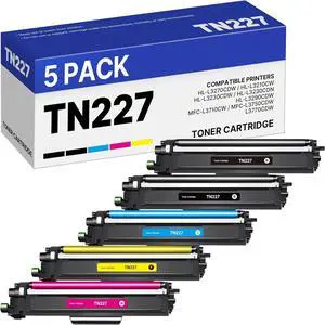 TN227 High Yield Toner Cartridge 5 Pack: TN-227BK/C/M/Y Replacement for Brother TN227bk TN223 TN-227 Work with Brother MFC-L3770CDW HL-L3290CDW HL-L3270CDW HL-L3210CW Printer, tn227bk/c/m/y high yield