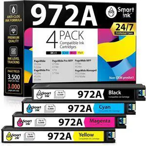 Smart Ink Compatible Ink Cartridges Replacement for HP 972A 972 A (4 Pack Combo) to use with PageWide Pro 477dw 577dw 452dw 477dn 452dn 577z 552dw 377dw P55250dw Printers (Black & Cyan Magenta Yellow)