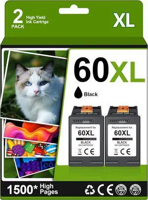 60XL Ink Cartridges for HP Printers (2 Black) for HP 60 Black Ink Cartridge for HP 60XL Works with PhotoSmart D110 C4780 C4680 C4795 Deskjet D2680 F2430 F4210 Envy 100 110 111 120 Series | CC641WN