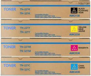 Ennovor 4PK TN-221 TN221 Toner Cartridge Compatible for Konica Minolta bizhub C227 C287 (A8K3130 A8K3230 A8K3330 A8K3430)