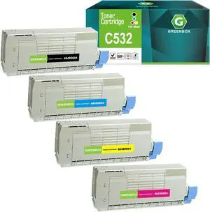 GREENBOX Compatible C532 High Yield Toner Cartridges for Okidata OKI C532 MC573 C532dn C542dn MC563dn MC573dn Printers for 46490604 46490603 46490602 46490601 Cartridges (Black, Cyan, Magenta, Yellow)