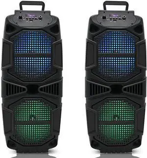 Technical Pro Set of 2, 400-Watt Each Portable Rechargeable Bluetooth Speaker with TWS Dual 8" Colorful LED Woofers, USB Mode, SD Card, FM Radio, Mic Input for Perfect On-The-Go Karaoke, Party Nights