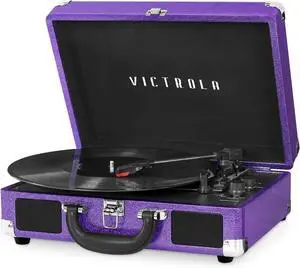 Victrola Journey Bluetooth Portable Suitcase Record Player  with Built-in Speakers, 3 Speed Vinyl Record Player, RCA Out, Headphone Jack (Purple Glitter)