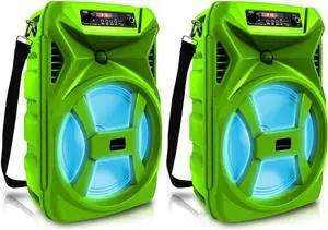 Technical Pro (Qty 2) 500 Watts Portable 8 Inch Bluetooth Speaker with Woofer & Tweeter - Festival PA LED Speaker with Bluetooth/USB Card Inputs, & True Wireless Stereo (Green)