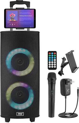 Pyle Portable Bluetooth PA Speaker System - 700W Dual 8 Rechargeable Speaker, TWS, Party Light, LED Display, FM/AUX/MP3/USB/SD, Wheels, Wireless Mic, Remote Control, Tablet Holder Included