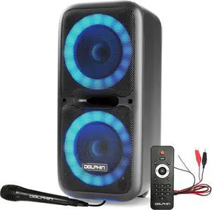 Dolphin BoxParty 2120 Dual 12" Party Speakers - Portable & Rechargeable Sound with Microphone, Bluetooth, USB, Hi-Fi Amp, Powerful Bass, 5-Band Equalizer & LED Lights - Long Battery Life - 2x12-inch