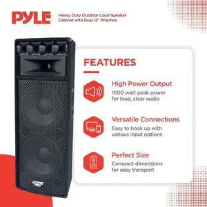 Pyle Portable Cabinet PA Speaker System - 1600 Watt Outdoor Stereo Sound Speakers w/ Dual 12" Woofers, 3.4" Piezo Tweeters, 5"x12" Super Horn Midrange, Crossover Network