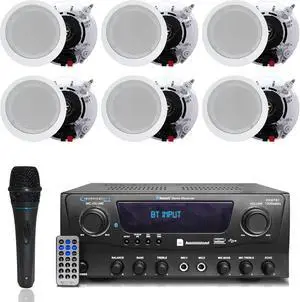 Home Theater System Kit 1000 Watts Bluetooth Receiver w/ 6 Qty 5.25" 175 Watts Each in-Wall in-Ceiling Speakers with Portable Microphone & Remote Control by Technical Pro