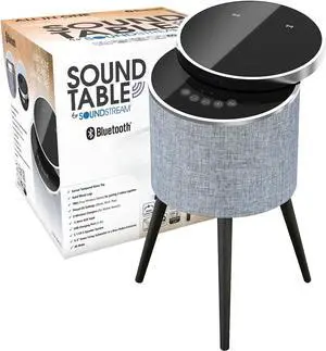Soundstream Smart Bluetooth Table Speaker w/Wireless Charging  STSW-180MCM-G 5 Channel Speaker System w/Swivel Top Tempered Glass & Solid Wooden Legs w/Qi Chrarging, USB, AUX, TWS Pairing