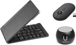 U Speakers Boost Water-Resistant Portable Bluetooth Speaker with Selfie Remote Control, Bass, & Mic Travel Home Office Modern Bundle with Mini Folding Wireless-Keyboard & Pebble Mouse
