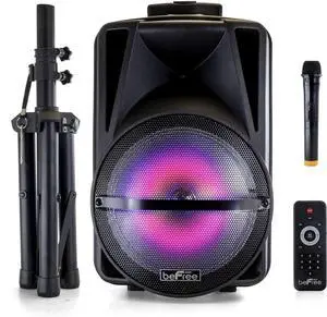 beFree Sound 12 Inch Bluetooth Rechargeable Portable PA Party Speaker with Reactive LED Lights and Stand