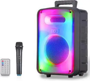 Technical Pro 600 Watts Rechargeable 8 Inch Two Way Bluetooth Loudspeaker with LED Glow Wall, FM Radio, USB, TWS Stereo Sound, Carry Handles, Wireless Mic, and Remote Included