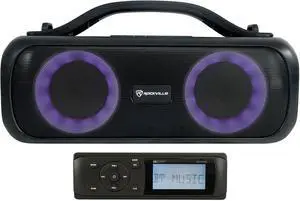 Audiosavings Bundle: (1) Rockville Go Party D4 Large Loud Portable LED Party Bluetooth Speaker, Deep Bass Bundle with (1) MB Quart MDR2.0 Single DIN Marine/Boat Bluetooth/USB Receiver Radio (2 Items)