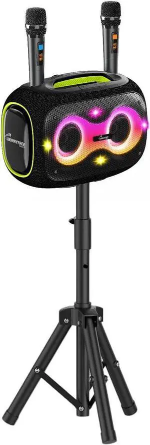 Portable Bluetooth Speaker with 2 Microphones & Tripod, 120W Output, Upto10H Playtime, On-The-Go Party Box Karaoke with Built-in RGB Lights Strong Vibration IPX6 Splashproof (Black)