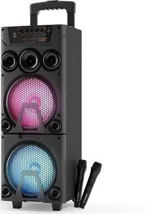 Audiobox ABX-8080R Bluetooth Party Speaker with Dual 8" Woofers, Wooden Cabinet, TWS Pairing, LED Lights, 2 Wireless Microphones, USB/microSD/AUX, Rechargeable