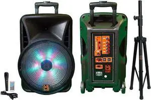 MR DJ USA DJ12BAT+ 12" Portable Bluetooth Speaker + Speaker Stand + 18-LED Slim Par Wash DJ Light