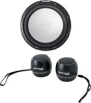 KICKER 45KM104 10" 350w Peak/175w RMS Marine Boat Subwoofer SVC 4-ohm Sub KM10 Bundle with Pair Rockville RPB3-BLACK Portable Bluetooth Speakers (2 Items)